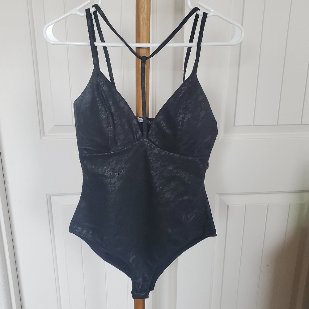 Leather and lace black bodysuit